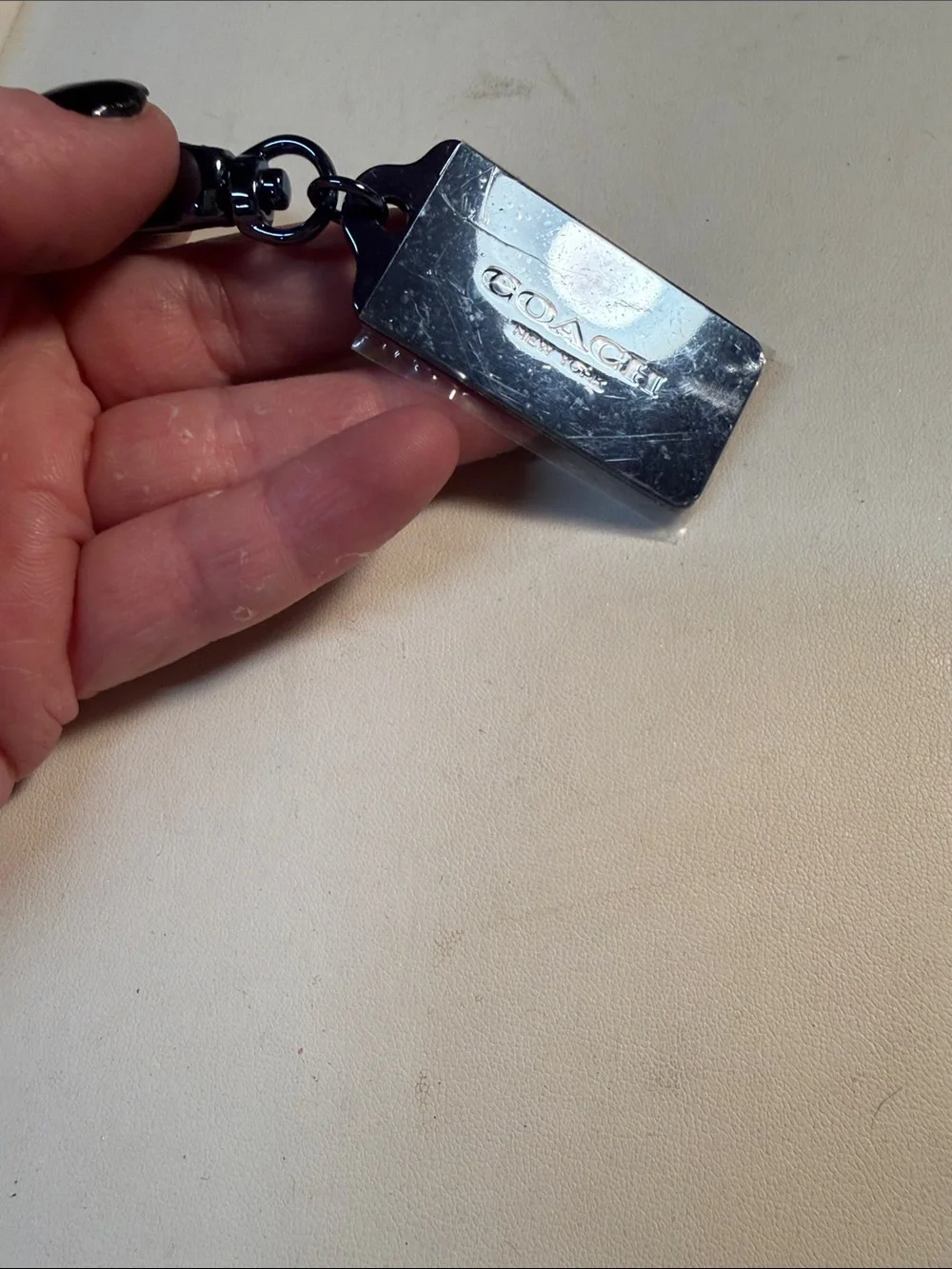 Coach Silver blue Rectangular Metal Tag Keychain with Clip